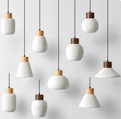 Toby Scandinavian Ribbed Ceramic Pendant Light with Wood Detail