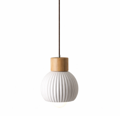 Toby Scandinavian Ribbed Ceramic Pendant Light with Wood Detail
