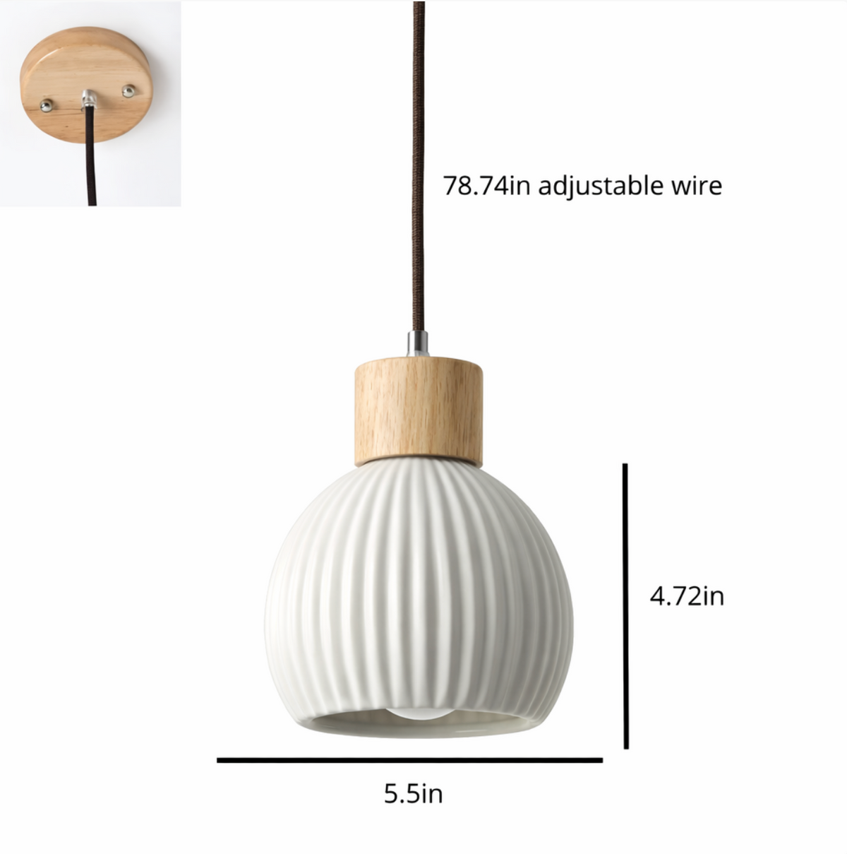 Toby Scandinavian Ribbed Ceramic Pendant Light with Wood Detail