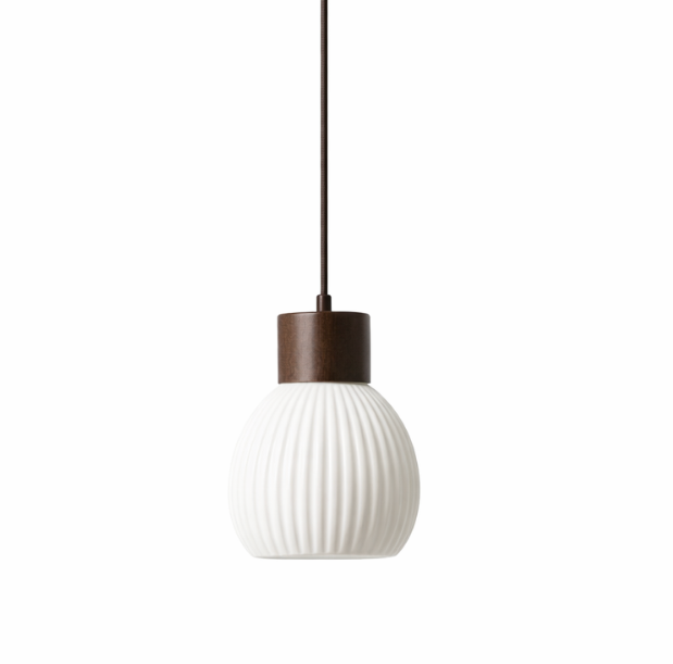Toby Scandinavian Ribbed Ceramic Pendant Light with Wood Detail