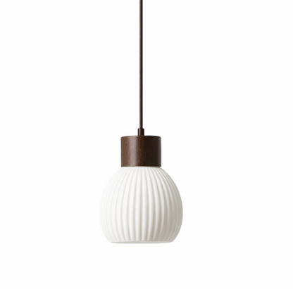 Toby Scandinavian Ribbed Ceramic Pendant Light with Wood Detail