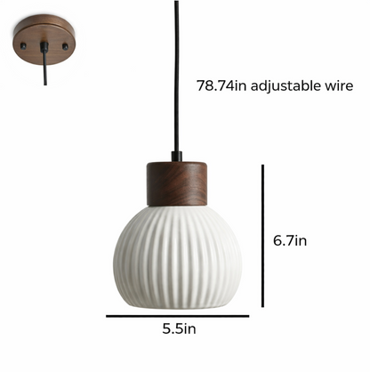 Toby Scandinavian Ribbed Ceramic Pendant Light with Wood Detail