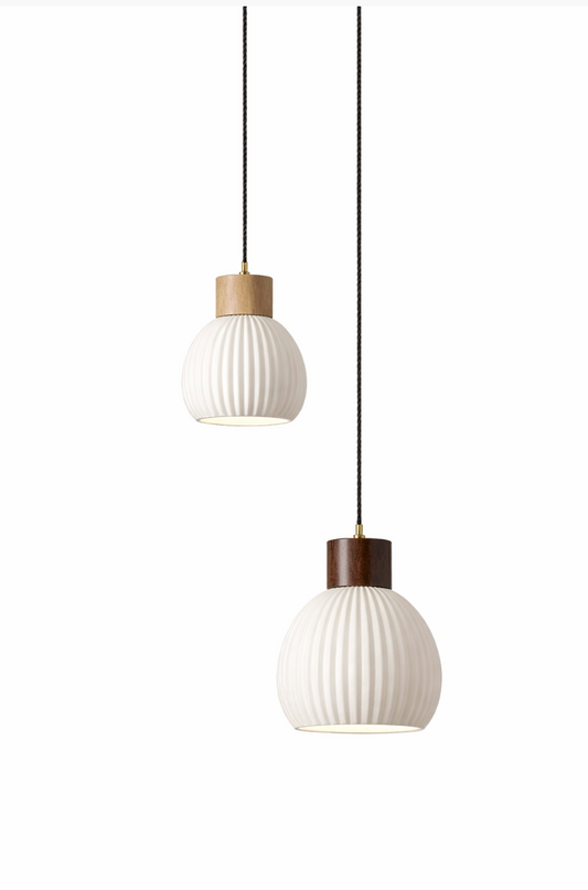 Toby Scandinavian Ribbed Ceramic Pendant Light with Wood Detail