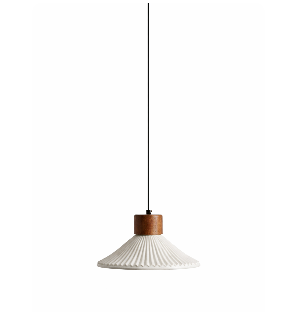 Arthur Scandinavian Grooved Ceramic Pendant Light with Wood Detail