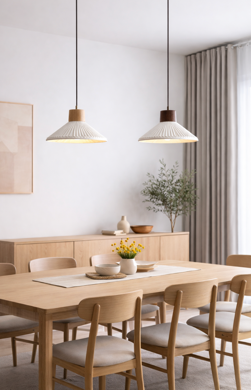 Modern Scandinavian Ceramic Pendant Light with Wooden Accent – Arthur