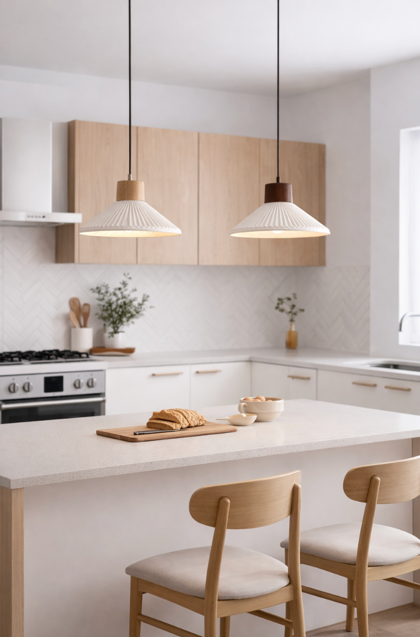 Modern Scandinavian Ceramic Pendant Light with Wooden Accent – Arthur