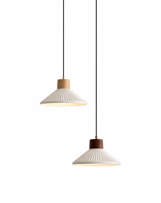 Arthur Scandinavian Grooved Ceramic Pendant Light with Wood Detail