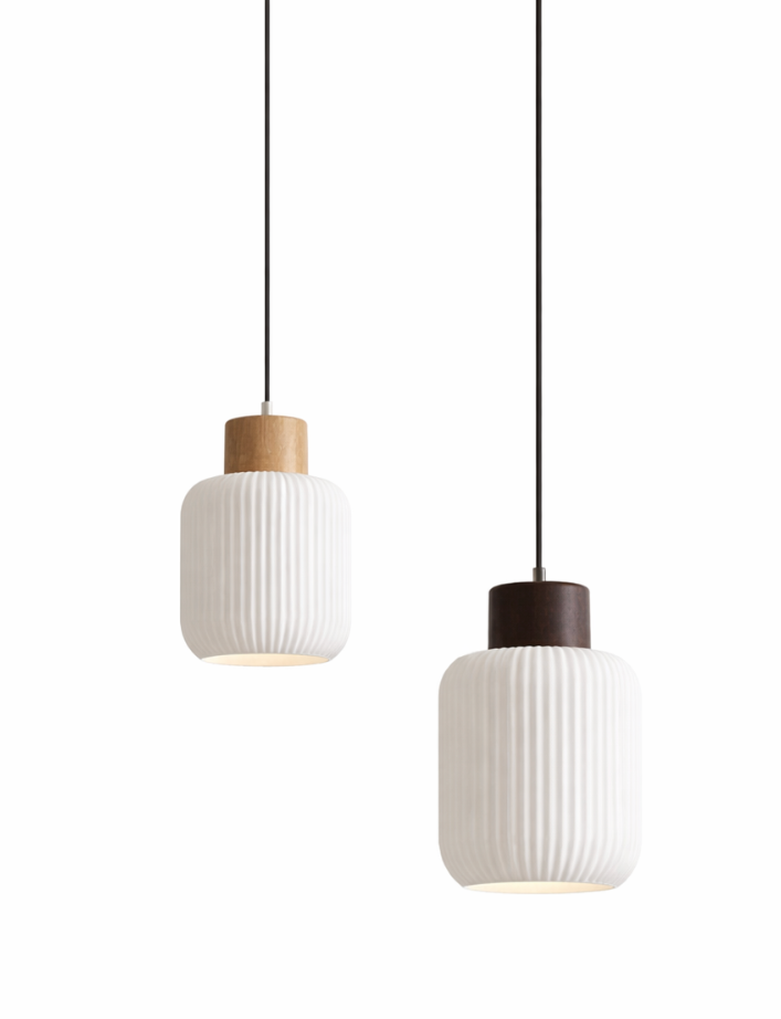 Edward Scandinavian Ribbed Ceramic Pendant Light with Wood Detail
