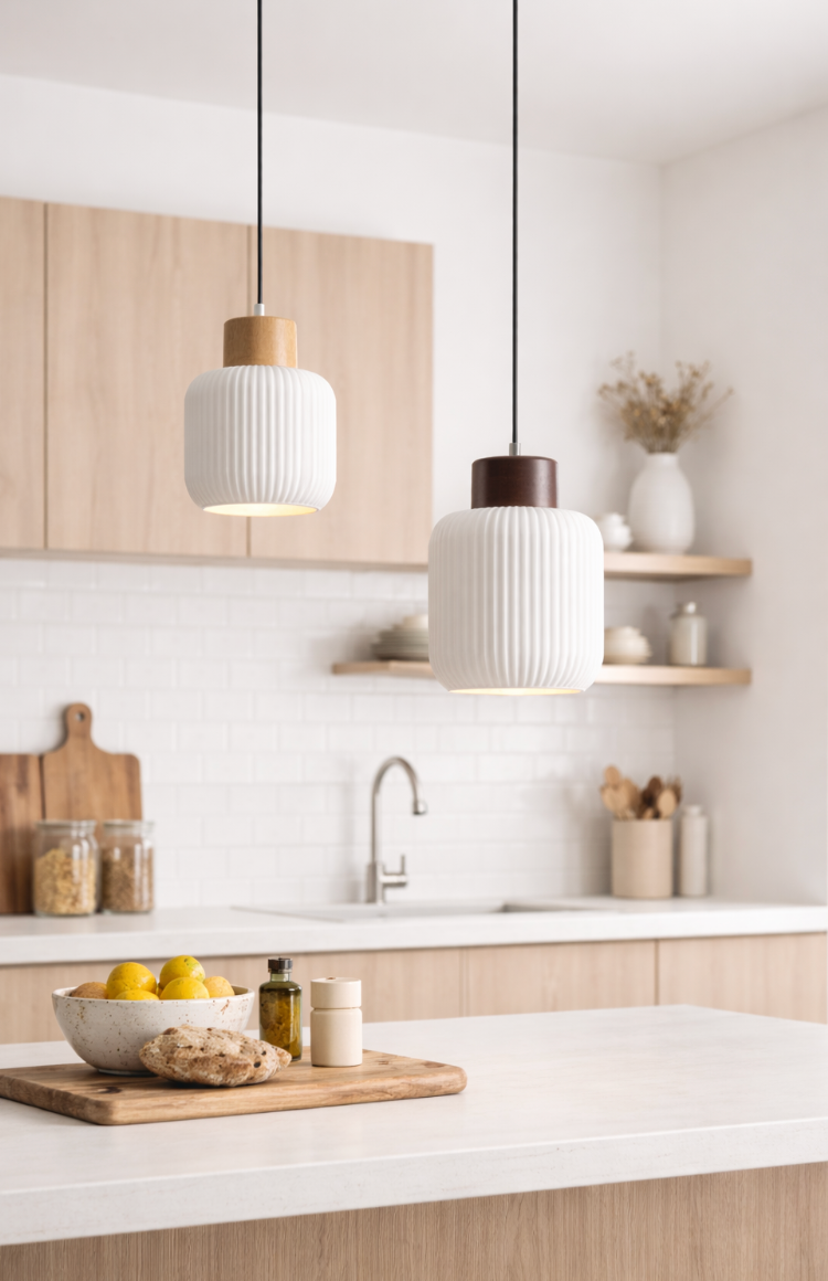 Modern Scandinavian Ceramic Pendant Light with Wooden Accent – Edward