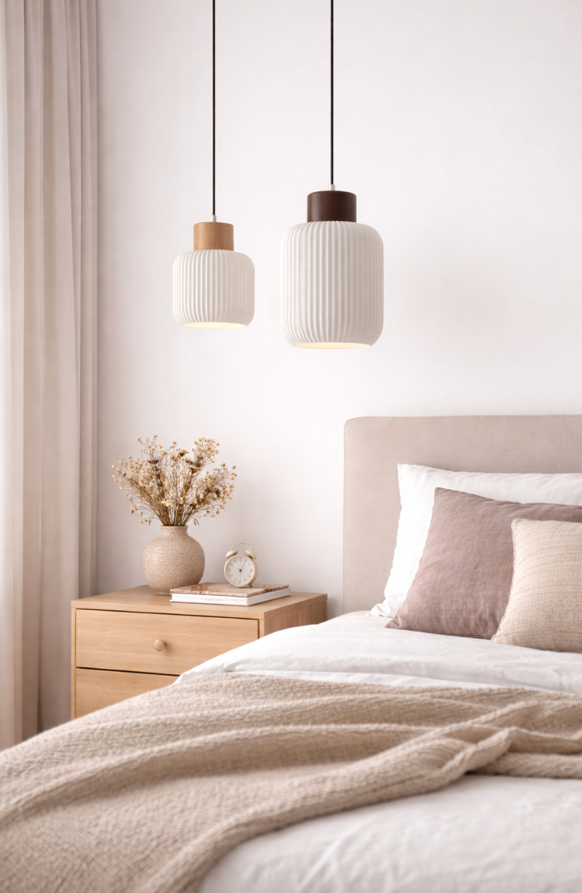 Modern Scandinavian Ceramic Pendant Light with Wooden Accent – Edward