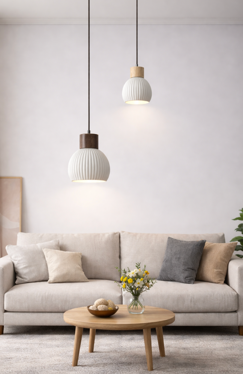 Modern Scandinavian Ceramic Pendant Light with Wooden Accent – Toby