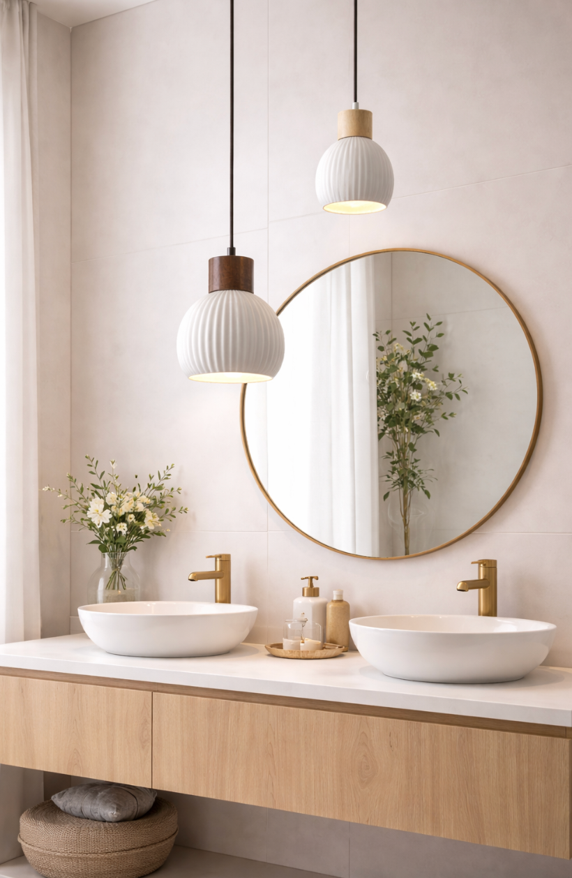 Modern Scandinavian Ceramic Pendant Light with Wooden Accent – Toby