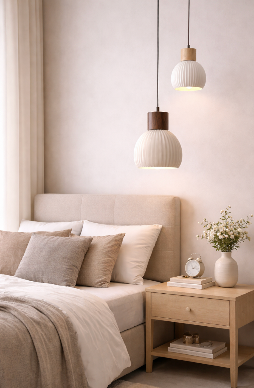 Modern Scandinavian Ceramic Pendant Light with Wooden Accent – Toby