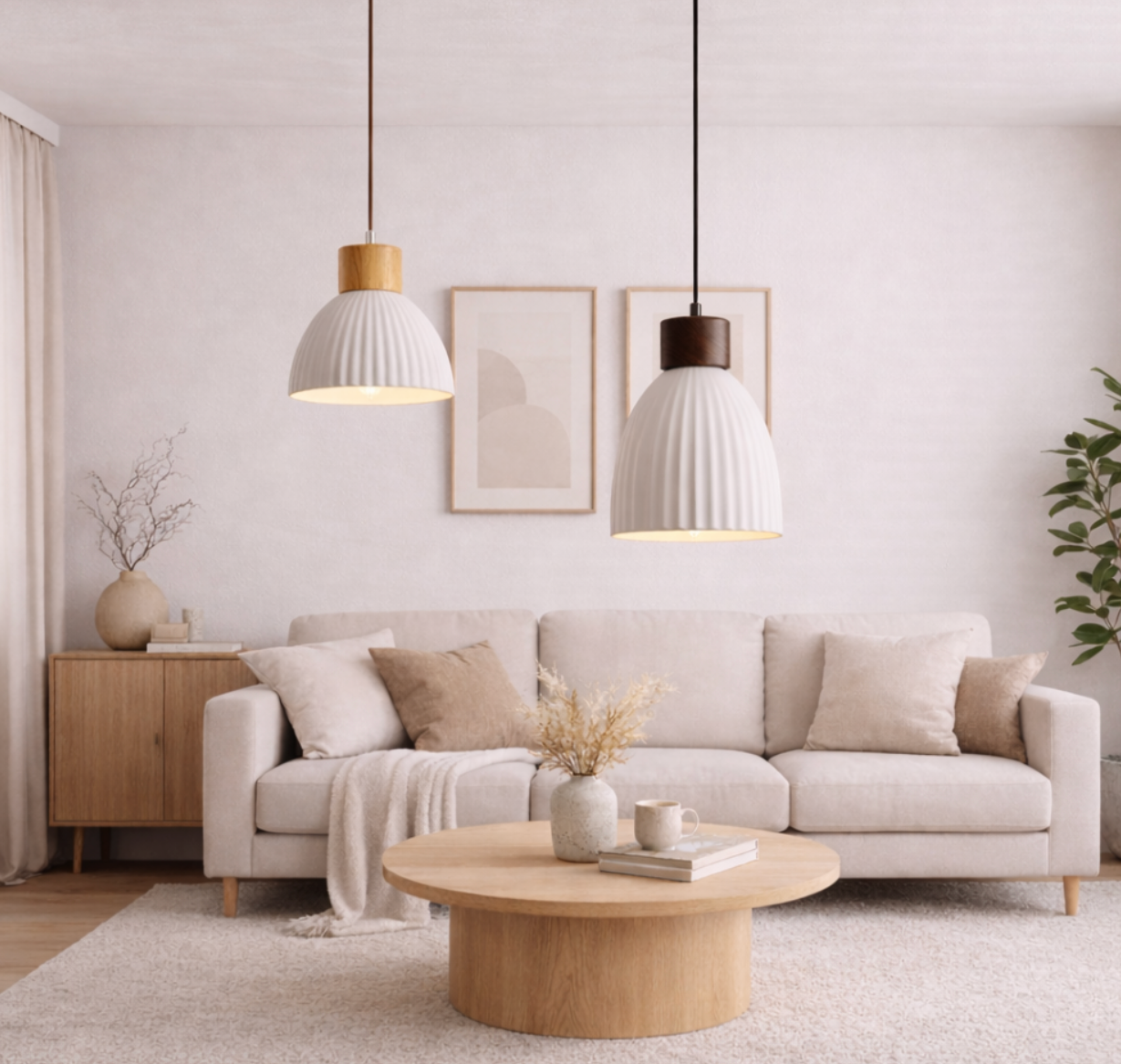 Modern Scandinavian Ceramic Pendant Light with Wooden Accent – George