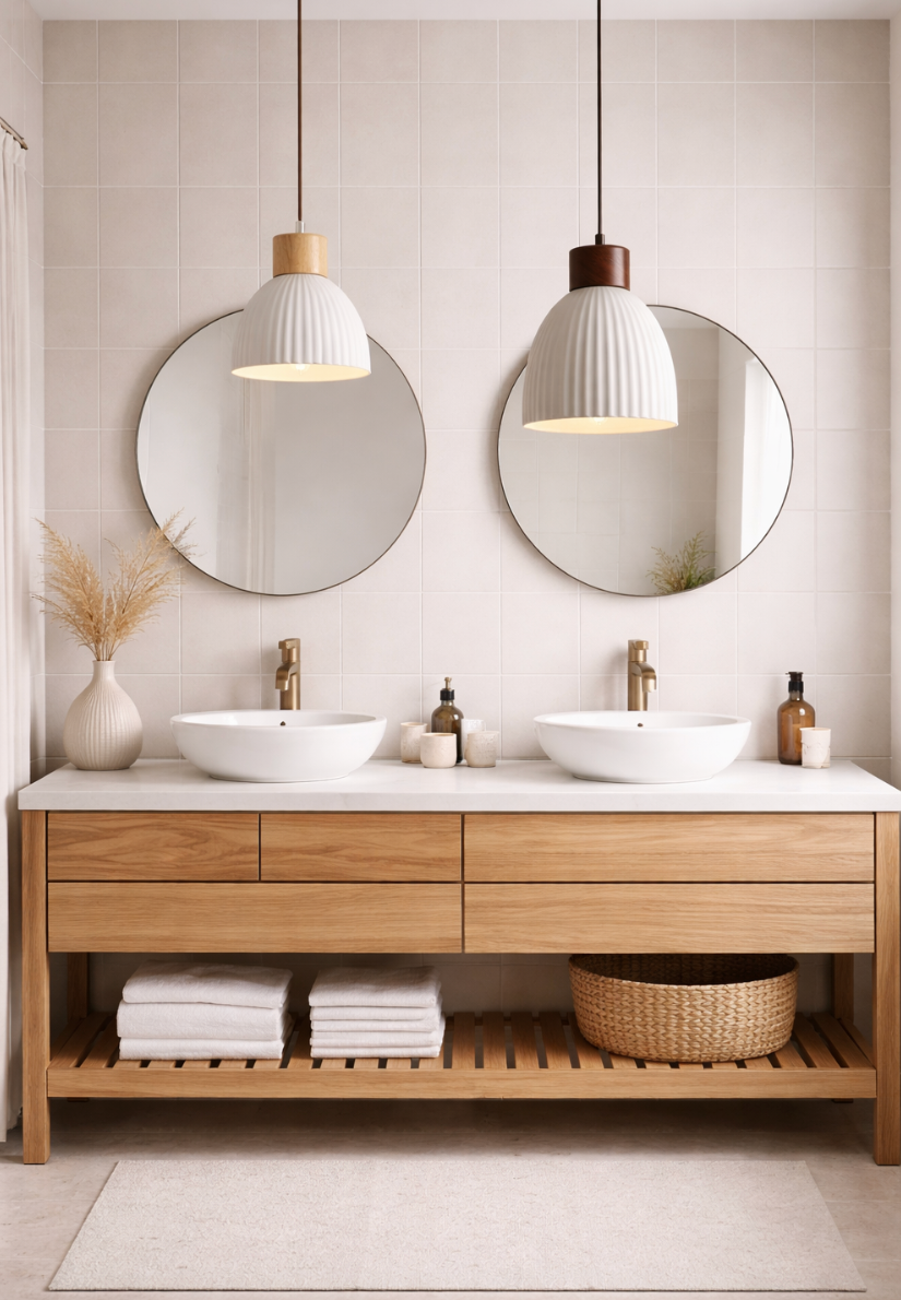 Modern Scandinavian Ceramic Pendant Light with Wooden Accent – George