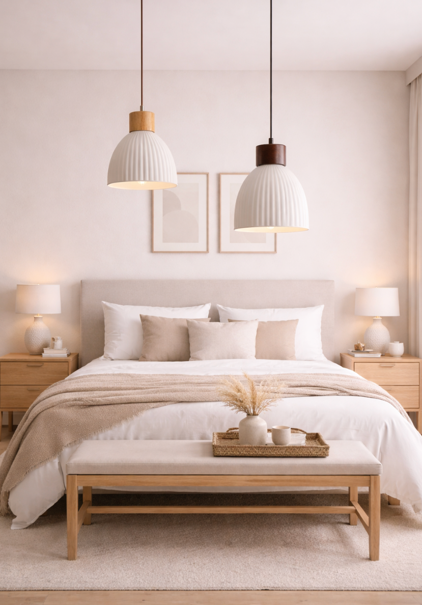 Modern Scandinavian Ceramic Pendant Light with Wooden Accent – George