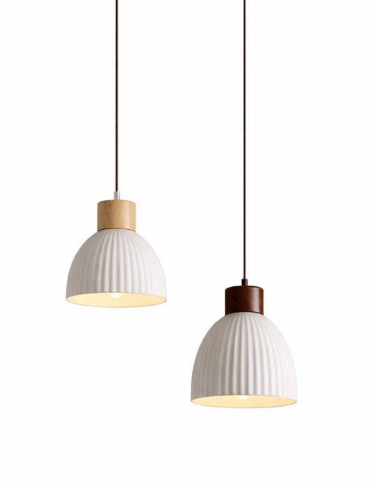 George Scandinavian Textured Ceramic Pendant Light with Wood Detail