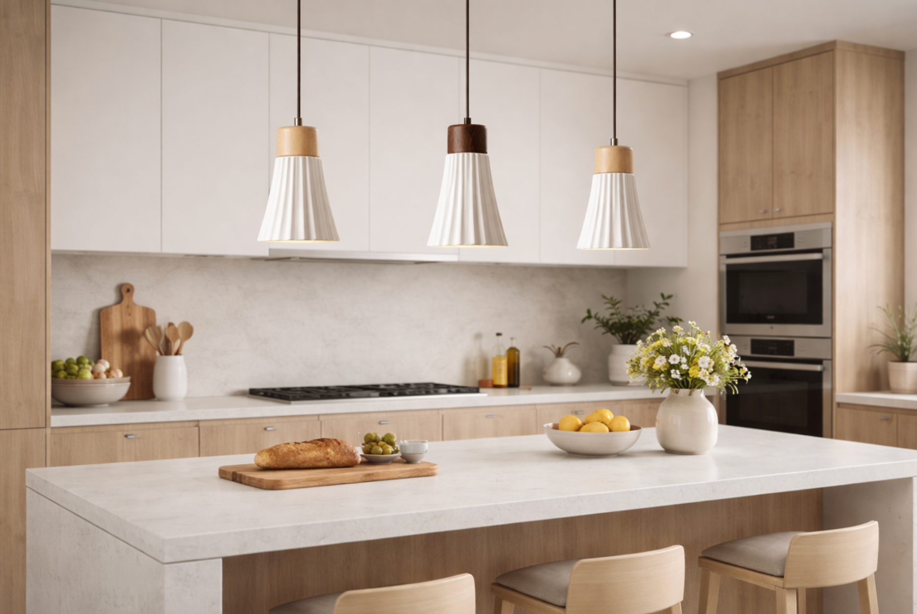 Modern Scandinavian Ceramic Pendant Light with Wooden Accent – Mason