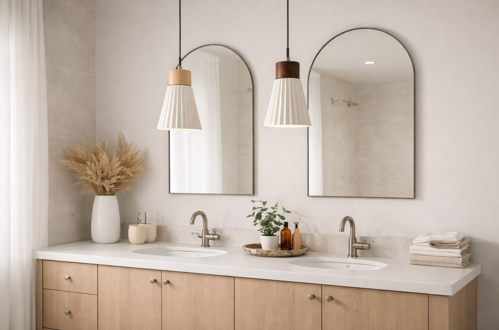 Modern Scandinavian Ceramic Pendant Light with Wooden Accent – Mason