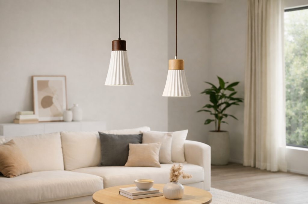 Modern Scandinavian Ceramic Pendant Light with Wooden Accent – Mason
