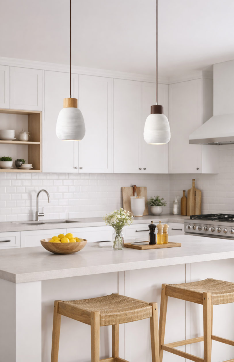 Modern Scandinavian Ceramic Pendant Light with Wooden Accent – James