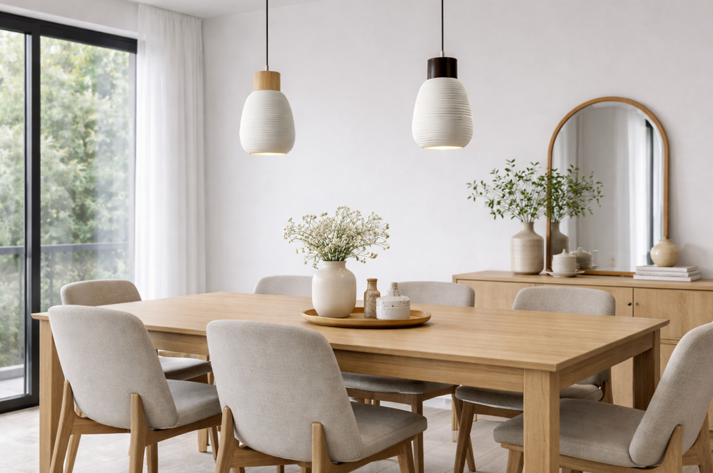 Modern Scandinavian Ceramic Pendant Light with Wooden Accent – James