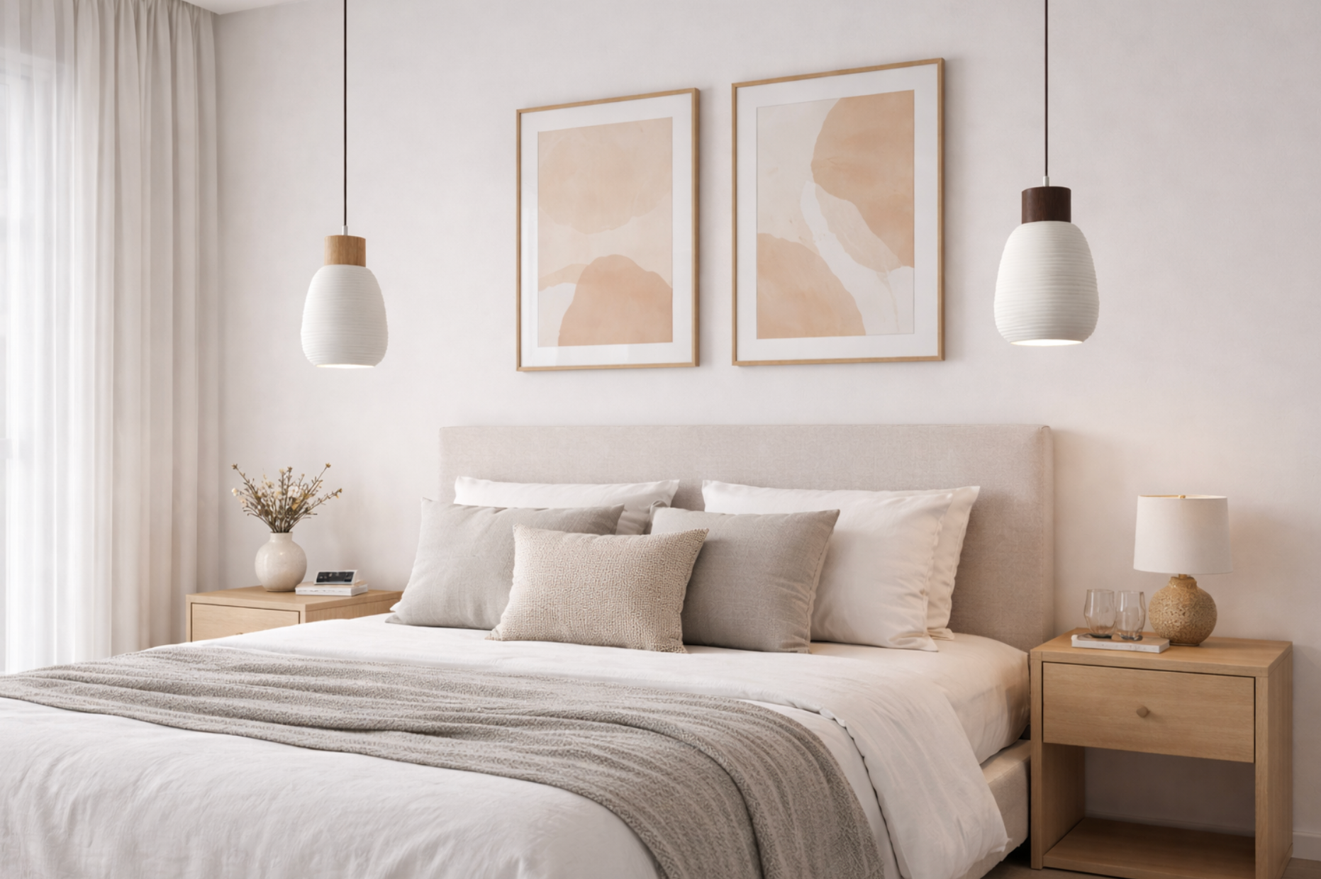 Modern Scandinavian Ceramic Pendant Light with Wooden Accent – James