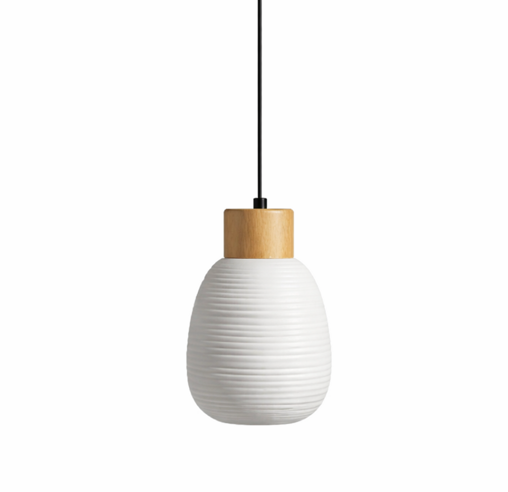 Modern Scandinavian Ceramic Pendant Light with Wooden Accent – James