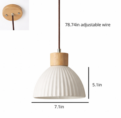 George Scandinavian Textured Ceramic Pendant Light with Wood Detail