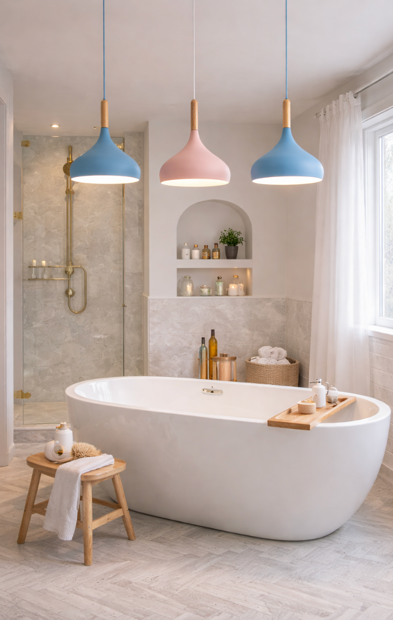 Modern Scandinavian Colored Pendant Light with Wooden Detail – Elliot