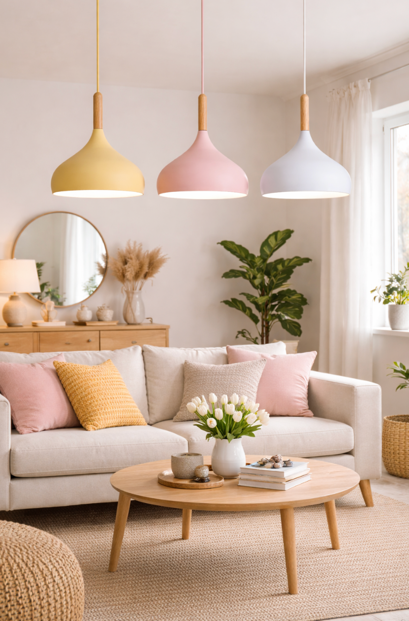 Modern Scandinavian Colored Pendant Light with Wooden Detail – Elliot