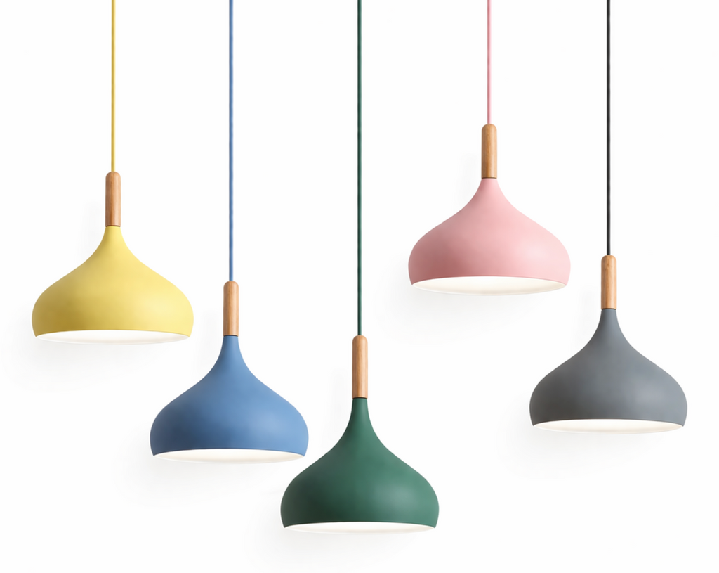 Modern Scandinavian Colored Pendant Light with Wooden Detail – Elliot