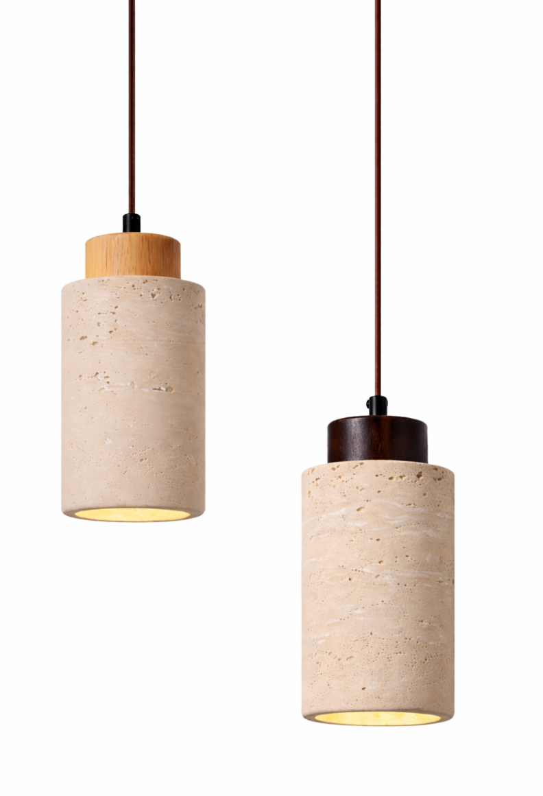 Finn Natural Travertine Pendant Light with Wood Details