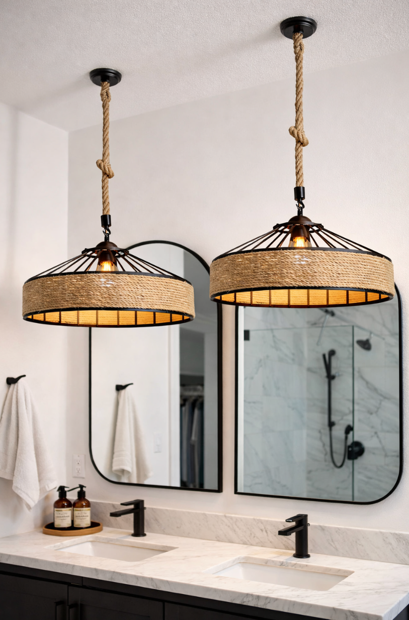 Rustic Rope and Woven Rattan Pendant Light – Louis