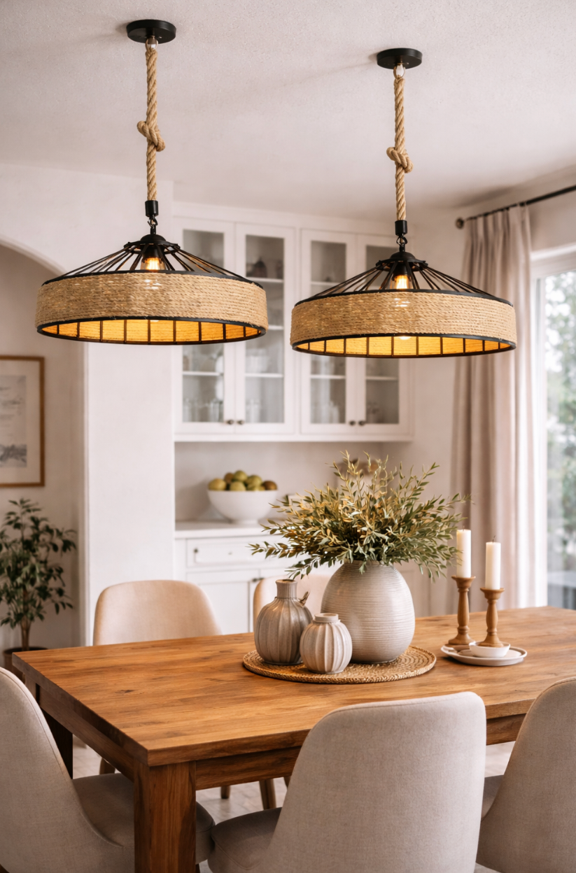 Rustic Rope and Woven Rattan Pendant Light – Louis