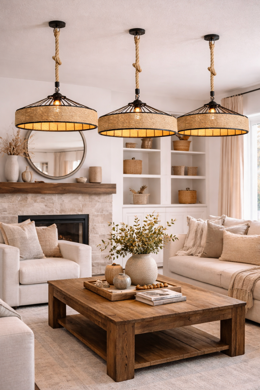 Rustic Rope and Woven Rattan Pendant Light – Louis