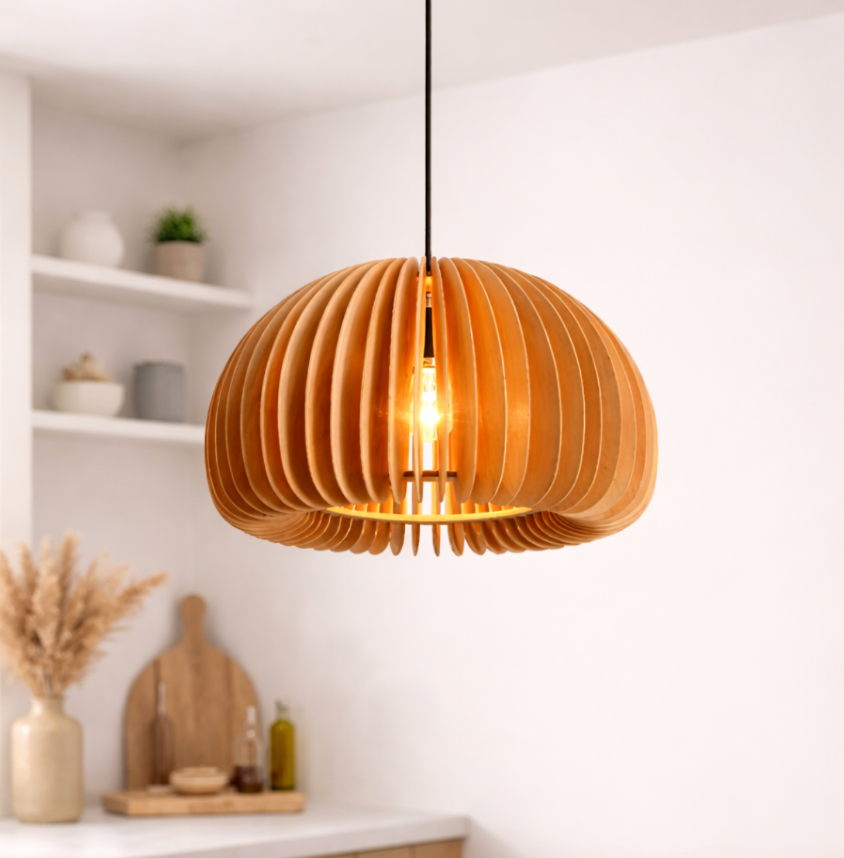 Modern Scandinavian Wooden Slat Pendant Light – Jude
