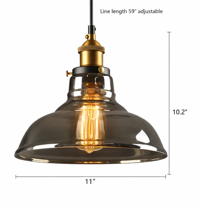 Thomas Industrial Smoke Grey Glass Pendant Light with Brass Details