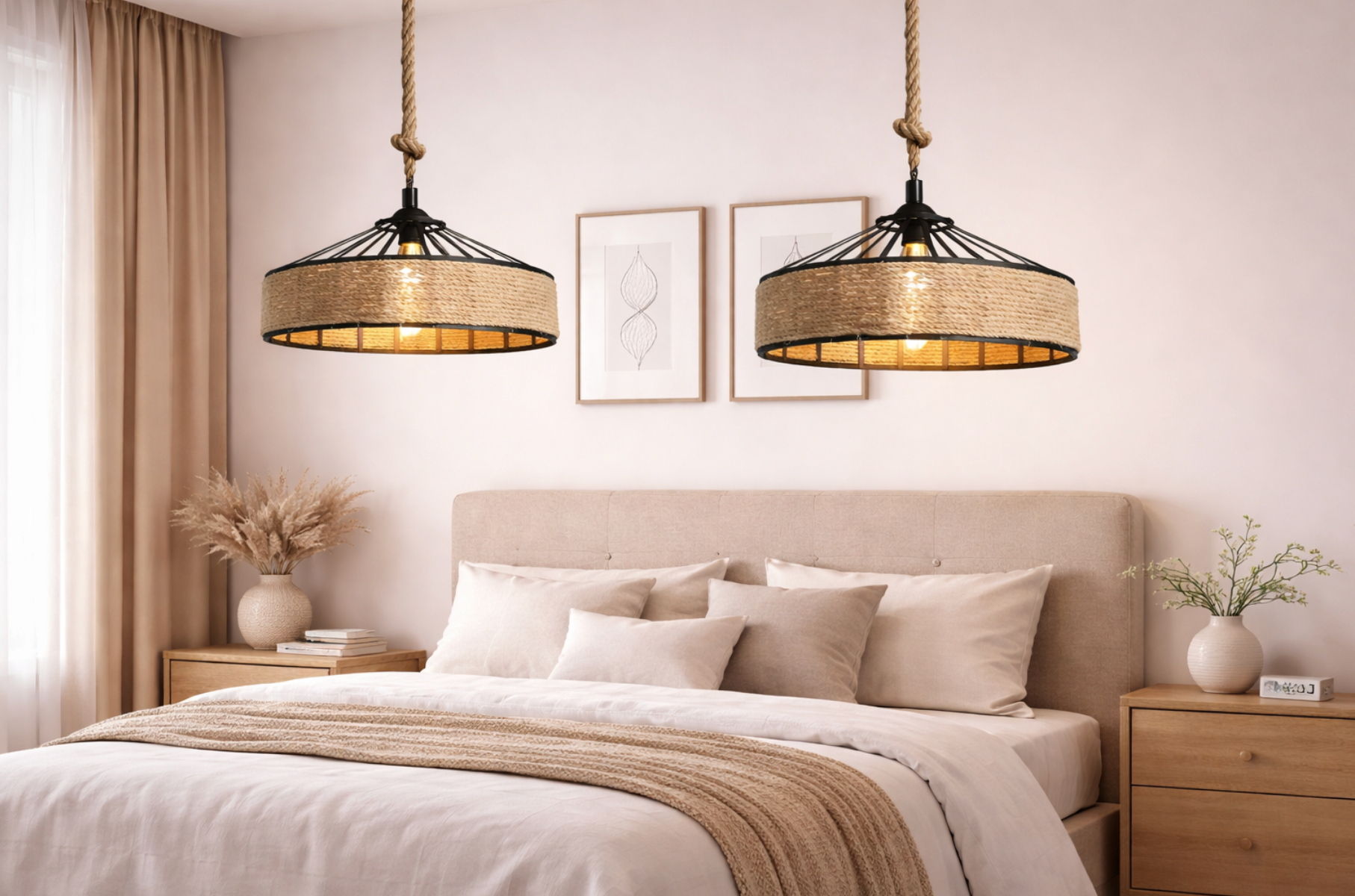 Rustic Rope and Woven Rattan Pendant Light – Louis