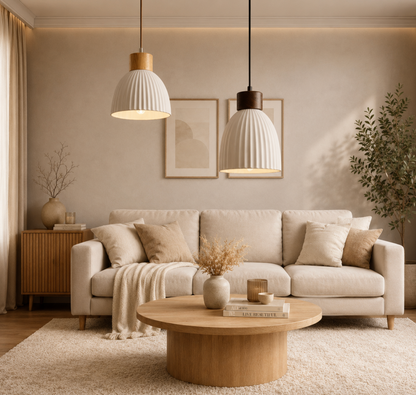 George Scandinavian Textured Ceramic Pendant Light with Wood Detail