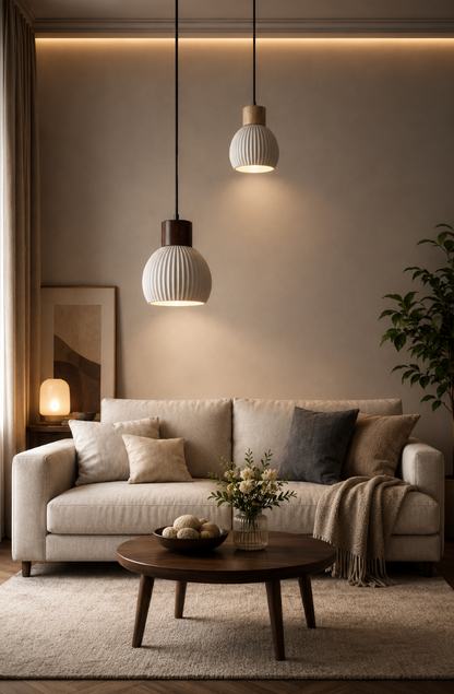 Toby Scandinavian Ribbed Ceramic Pendant Light with Wood Detail