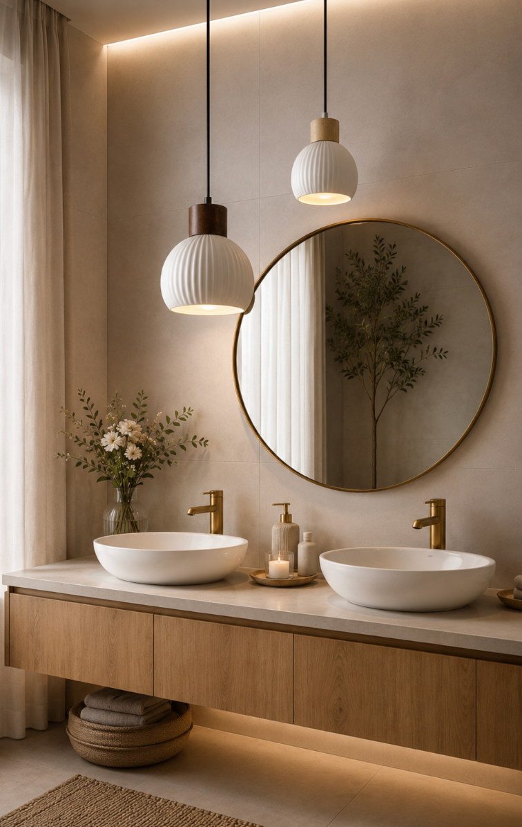 Toby Scandinavian Ribbed Ceramic Pendant Light with Wood Detail