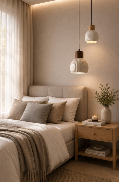 Toby Scandinavian Ribbed Ceramic Pendant Light with Wood Detail