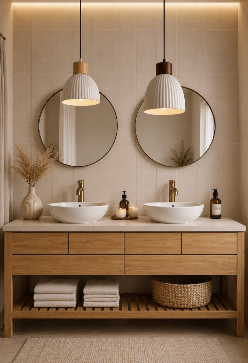 George Scandinavian Textured Ceramic Pendant Light with Wood Detail