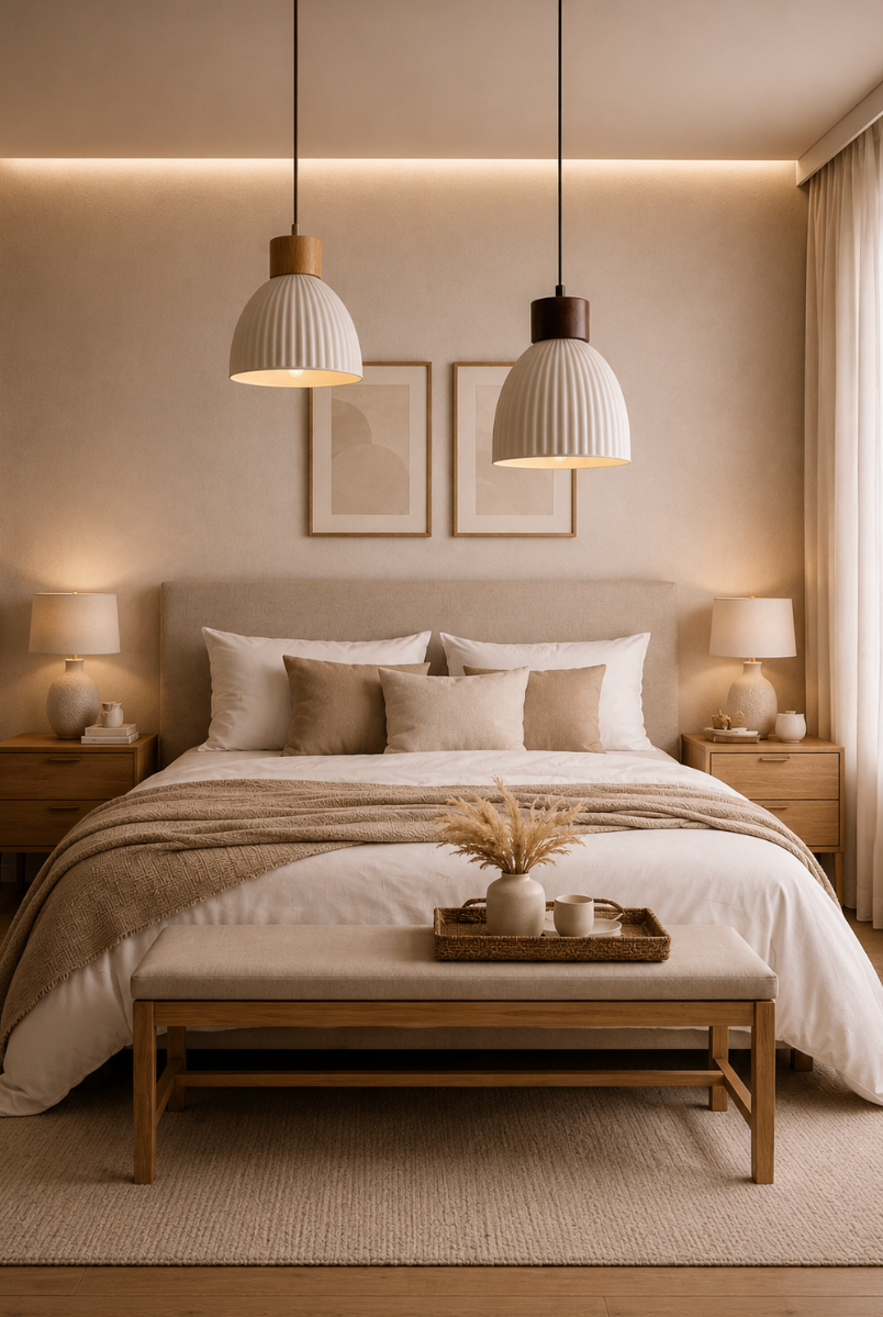 George Scandinavian Textured Ceramic Pendant Light with Wood Detail