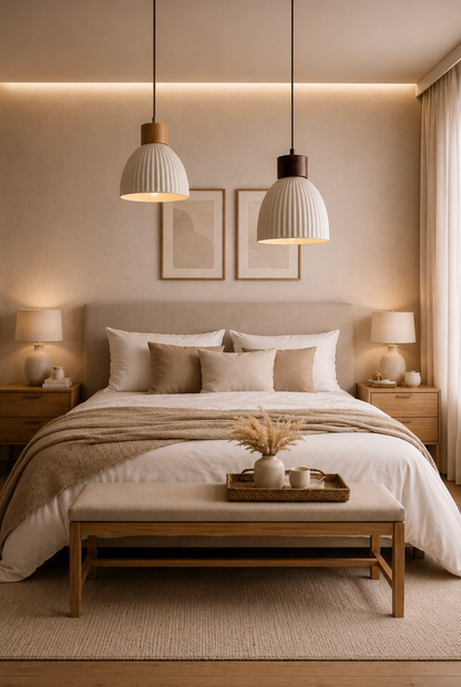 George Scandinavian Textured Ceramic Pendant Light with Wood Detail
