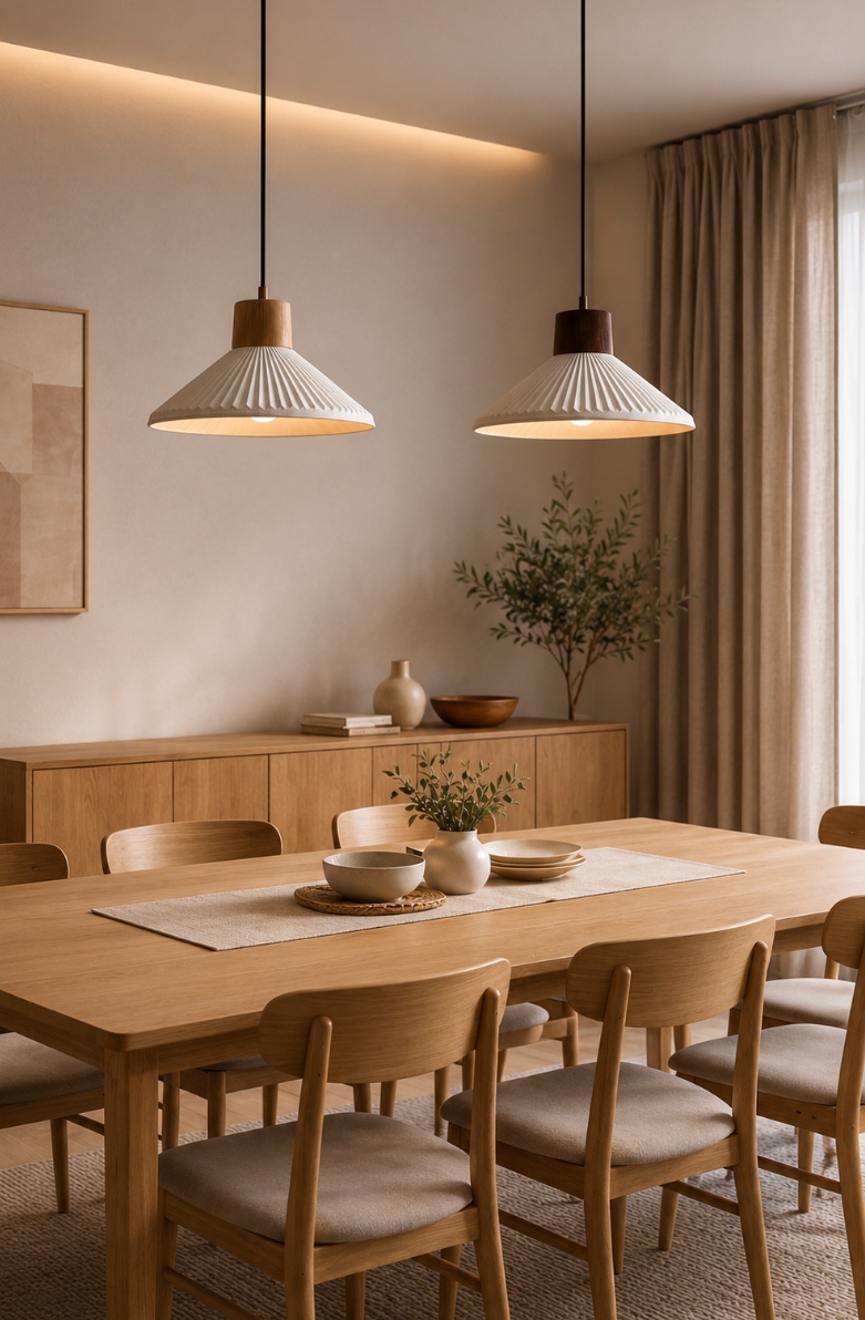 Arthur Scandinavian Grooved Ceramic Pendant Light with Wood Detail
