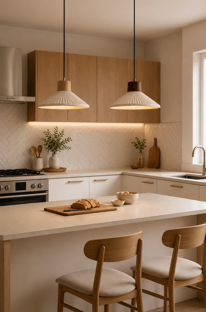 Arthur Scandinavian Grooved Ceramic Pendant Light with Wood Detail