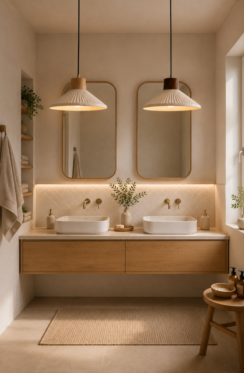 Arthur Scandinavian Grooved Ceramic Pendant Light with Wood Detail