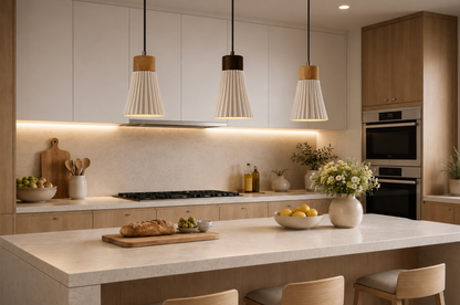 Mason Scandinavian Textured Ceramic Pendant Light with Wood Detail